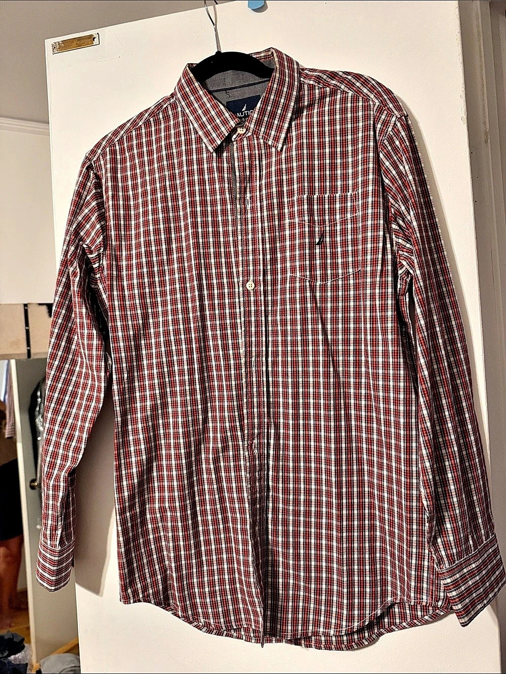 Nautica Plaid Cotton Button Down Shirt in Red & White Size XL Like New